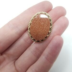 Vintage Oval Goldstone Brooch, Gold Tone Frame, Sparkly, Retro Estate